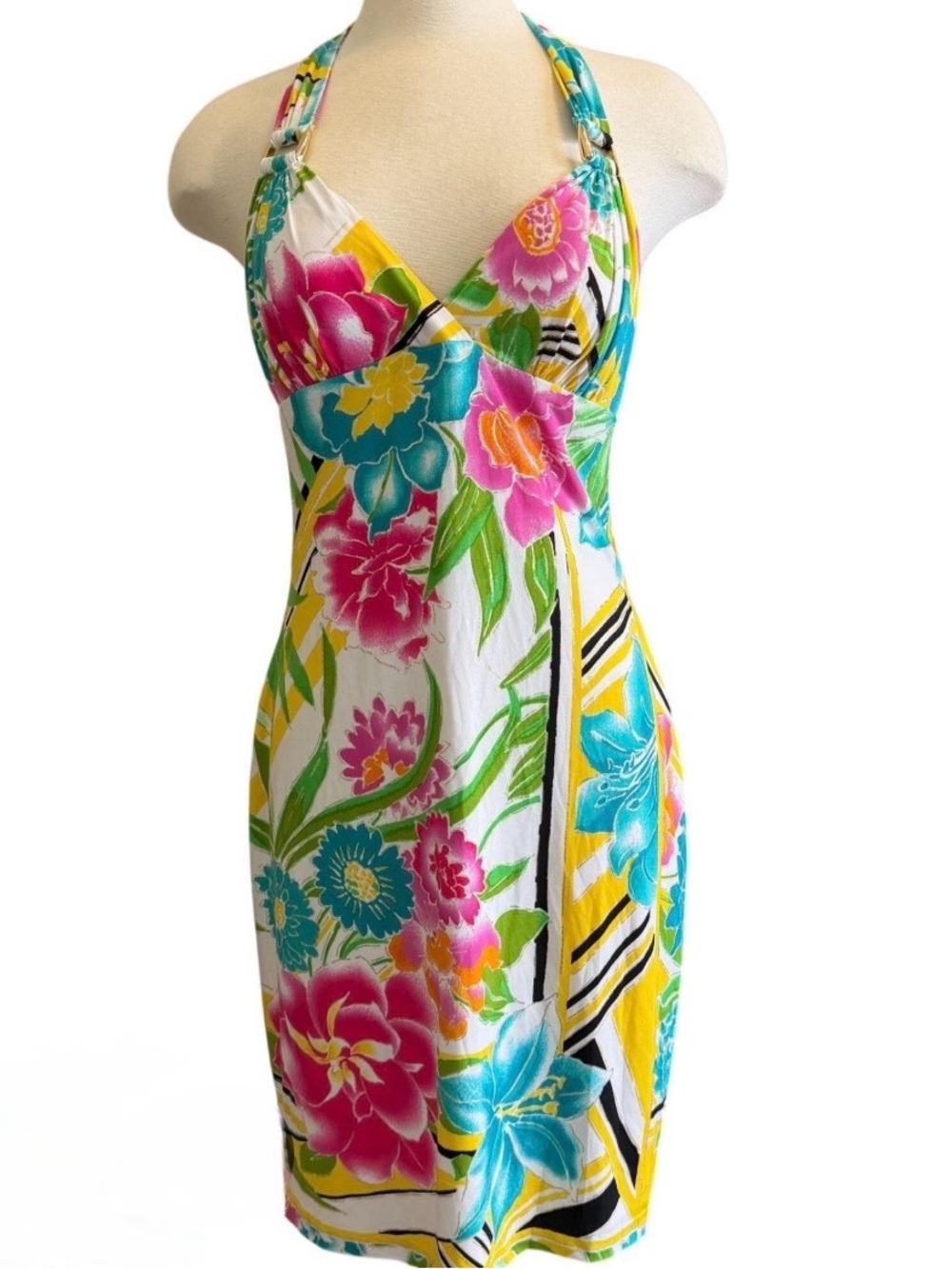 Cache Multicolor Floral Halter Mini Dress - White, Pink, Blue, Yellow, Green